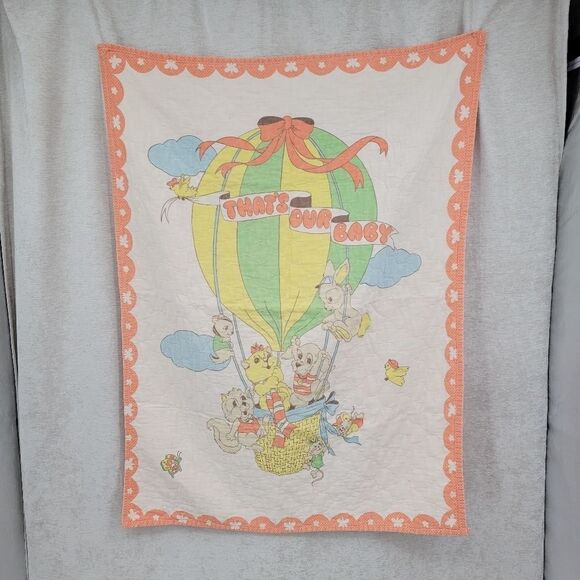 That's Our Baby Vintage Baby Quilt Blanket Hot Air Ballon with Animals 70s - Picture 4 of 9
